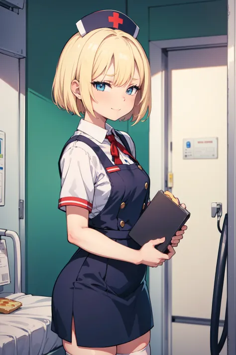  1 girl, Alone, nurse, nurse cap, white nurse uniform, (( white legwear ,  absolute domain)), White handbag,  very short hair, Blonde,  standing, ((Hospital room)),  sharp outline, Short sleeve,  tomboy ,  bob hair,  top quality,   masterpieces during brea...