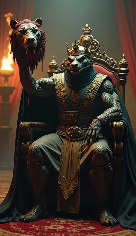 Cinematic photo of the Crocodile Monster King holding a severed and bloody lions head, the Crocodile King wearing a crown and Mortal Kombat ninja style clothing, holding his head up, sitting on the Kings Throne with the light of a torch on the wall