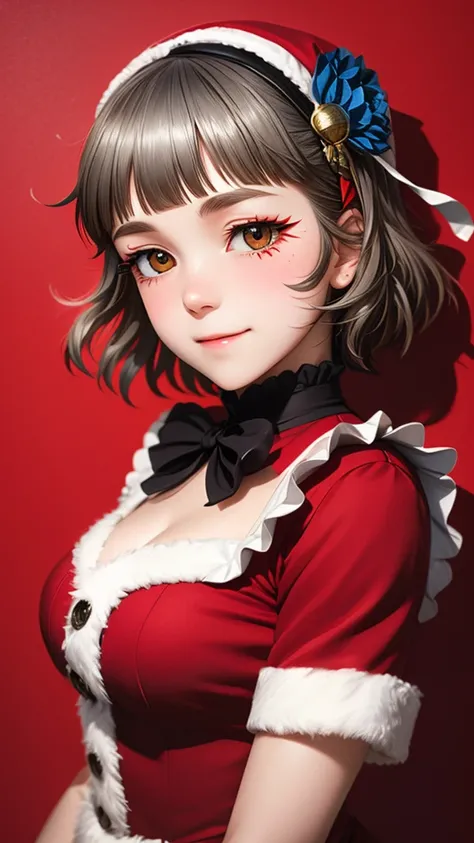 (((solo))), 1 woman, Sakuya Kurobane, sakuyaunif, kurobane_sakuya, (brown eyes), short hair, grey hair, black hairband, blue hair flower, red eyeliner, chest, blush, smile, (upper body), santa claus