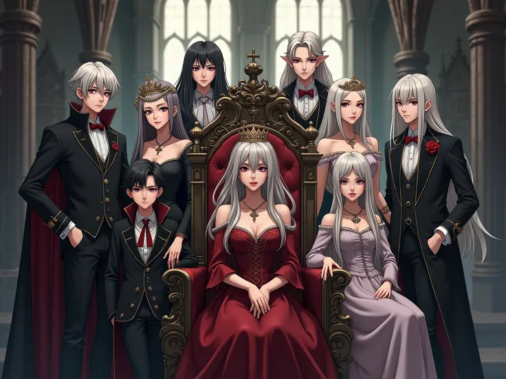  Family photo of the royal vampire family in their castle ,  with young men and women and boys and girls , none with traces of aging,  all characterized by their fine features and their silver hair.  On the throne sits a beautiful woman wearing a crown . E...