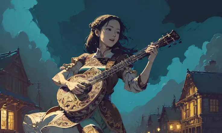 ((((epic art, super fine illustration, High resolution, Super detailed, masterpiece)))), ((1 female:1.5)), gorgeous female fantasy bard, singing and playing a lute as she walk down a road.
