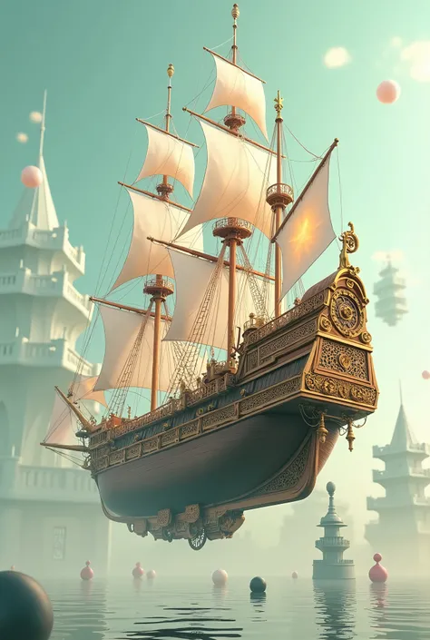 A steampunk-inspired version of the Dutch ship Peace, merging Edo-period aesthetics with advanced mechanical designsMinimalist surreal design, pastel color palette, floating geometric objects, soft natural lighting, dreamy atmosphere, abstract background, ...