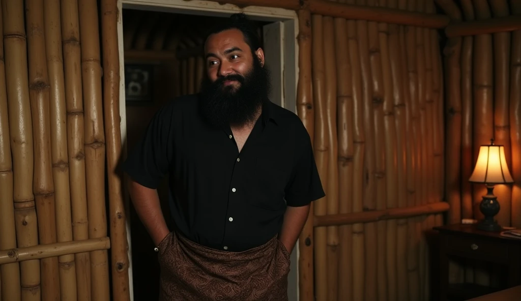 ((ultra-realistic photo)) [A 30-year-old man with a long black beard, wearing a black shirt and a brown batik sarong, standing near the door of a simple rural bedroom. His expression is mischievously sinister, with a sly and flirtatious smirk. The backgrou...