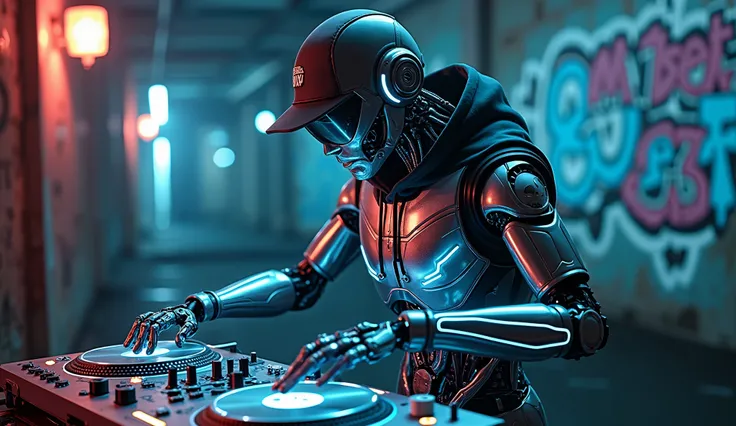 A futuristic humanoid robot designed as a rapper, with sleek, metallic skin in shades of silver and black, accented by glowing neon blue lines that pulse with rhythm. The robots appearance seamlessly merges technology with streetwear: its "clothes" are int...