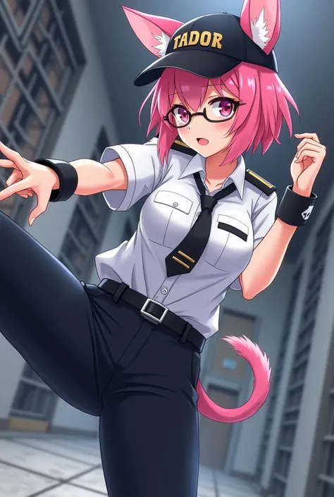 The warden girl, pink short twintail hair, pink chihuahua dog ears, pink chihuahua dog tail, pink eyes color, glasses, white officer shirt and black tie, black trousers, black officer baseball cap, black adjustable sport wrist bands, She taekwondo kicking ...