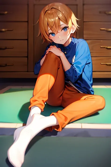 teenage boy wearing plain orange tunic and spats, on the floor, (beautiful detail eyes), (soft+cute), ((best quality)), ((masterpiece))