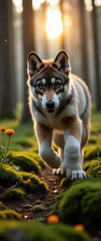 A werewolf cub running wild in the forest 