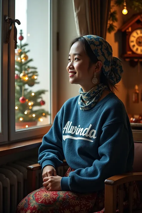  A beautiful Indonesian woman 25 years old, Sitting in the house , Looking at the window of the house , She is wearing a blue Switer with the words  "ALWINDA " , wearing a sarong, smiling expression , there is a Christmas tree inside the house ,and there i...