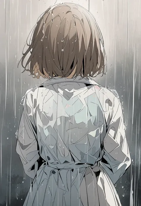 ((Anime))、pastel、  crying女性,Look back and look this way, Brown Hair, short bob from behind,  crying,In the Rain