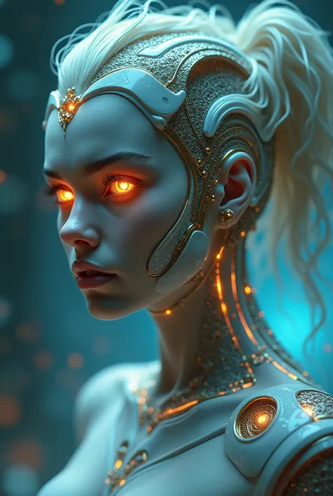 The goddess, Fortuna, glowing eyes, head to breast, silicone cybernetics. High Resolution, Masterpiece, Award Winning, Best Quality, High Details, High Quality, UHD, Optical Illusion, Impressionism, Art Deco, Cinematic, Cinematography, Futurism, Hyperreali...