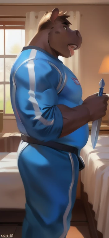 Solo,big man​, huge​ body​,​standing​, bedroom,hippo ,​Holding a flammable knife.,  blue military spacesuit, overweight, muscular,Opening his mouth and drooling,yandere, by chunie