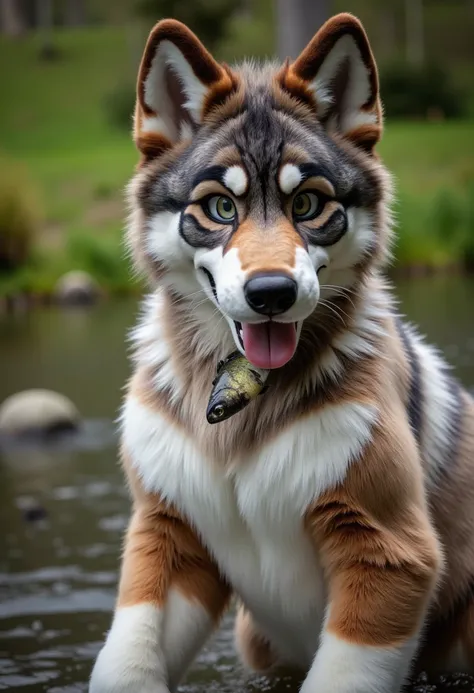 A 13-month-old werewolf pup. Looking at viewer with tongue out. And eating a fish, I dont know. And alone in the creek while his father is back there trying to catch him.