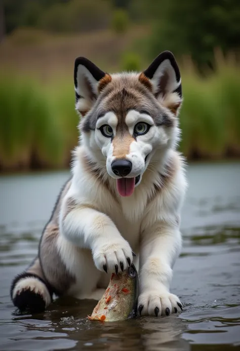 A 13-month-old werewolf pup. Looking at viewer with tongue out. And eating a fish, I dont know. And alone in the creek while his father is back there trying to catch him.