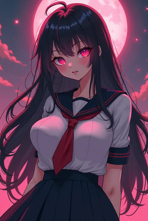  A schoolgirl with long black hair with very big breasts ( Breast size 5  )  and very big booty ,  she has red red eyes and a awesome background 