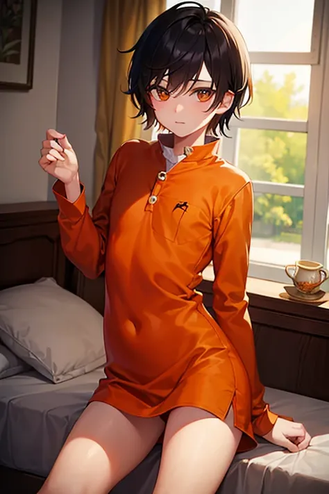 teenage boy wearing plain orange tunic and spats, on the bedroom, (beautiful detail eyes), (soft+cute), ((best quality)), ((masterpiece))