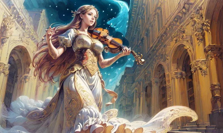 ((((epic art, super fine illustration, High resolution, Super detailed, masterpiece, realistic)))), ((1 female:1.5)), gorgeous female fantasy bard singing and playing a lyre as she walk down a road, looking at you joyfully.