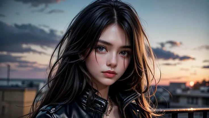 AKIRA Motorbike、masterpiece、 top quality、 top quality、 high definition 、 real、RAW Photos、8k、1 person、 black hair、 straight long hair、Leather rider jacket、 bright dark blue eyes、Sharp Eye、 long lashes、Thin Nose、 beautiful face、 beautiful girl