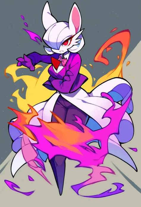 score_9, score_8_up, score_7_up, gardevoir, 1girl purple fox anthro, rabbit ears, short fluffy white hair, glowing red eyes, long purple jacket, golden accents, red shirt, pink bowtie, matching purple pants, dynamic fighting stance, arms crossed, front vie...