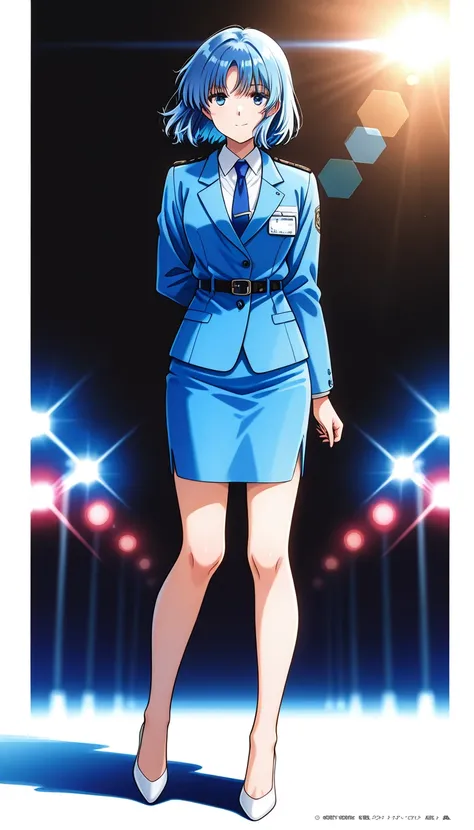 Blue Hair、 short hair、bangs、悲しface、黄colorの瞳、 full body style that reflects your whole body、Normal milk、 narrow waist 、Bare legs、 in a suit、 blue jacket , collared shirt 、 white shirt、 blue tie,belt, blue pencil skirt, black tights、White pumps、 official art...