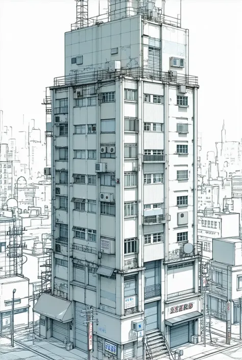 Colourless 3D anime-style cartoon of a building in a city Zenless Zone Zero style