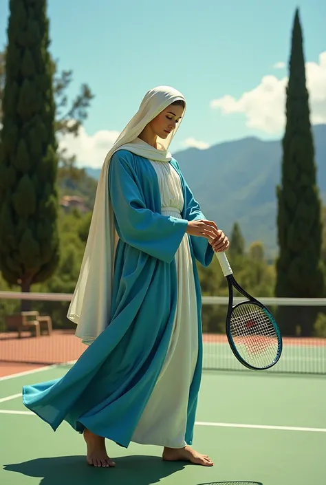 Virgin Mary playing tennis