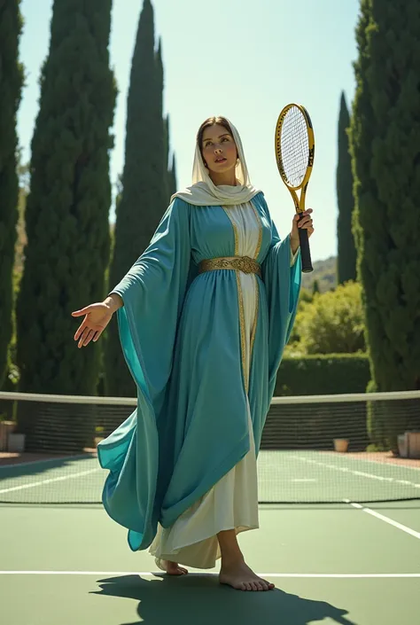 Virgin Mary playing tennis