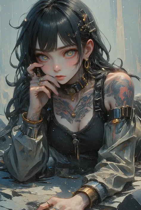 Gros plan dune jeune femme avec des tatouages sur les bras et la joue gauche, frange jusquau-dessus des sourcils, yeux clairs, la tête légèrement inclinée vers le bas, regardant la caméra, boucles sur les côtés de sa tête, porte de longs cheveux avec des ...
