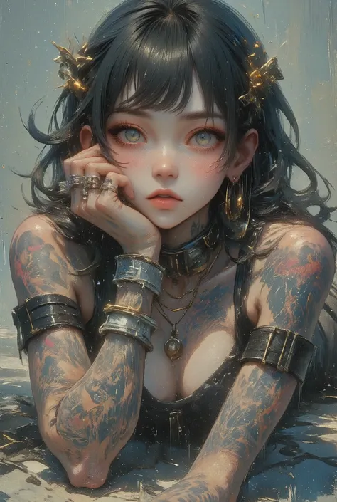 Gros plan dune jeune femme avec des tatouages sur les bras et la joue gauche, frange jusquau-dessus des sourcils, yeux clairs, la tête légèrement inclinée vers le bas, regardant la caméra, boucles sur les côtés de sa tête, porte de longs cheveux avec des ...