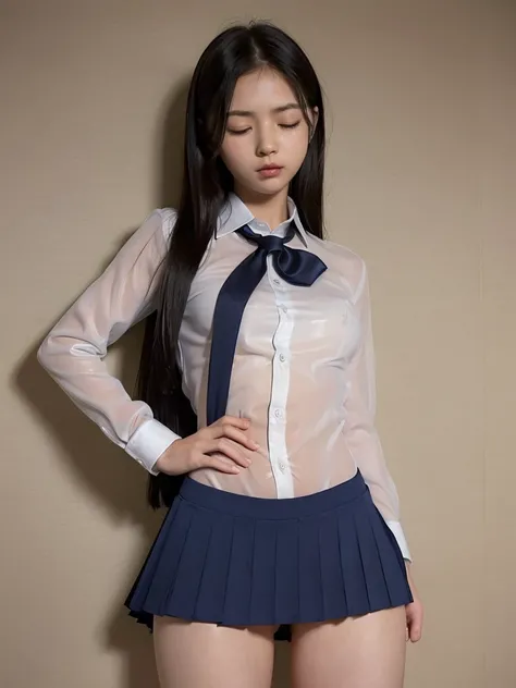 (Tight business shirt:1.4)、(See-through business shirt:1.3)、( short skirt )、(Small breasts)、( slender figure)、(Thin legs)、( Constricted Waist )、( eyes closed :1.4)、( are opening their mouths:1.1)、( Japanese girls fighting against Alien Octopus)、( bed)、( at...