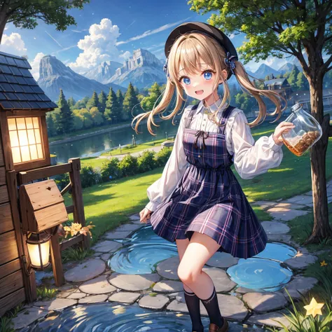 Chestnut Hair、 blue eyes、 has hair tied、Two cute、 plaid mini skirt、 BLACK T-SHIRT、 Long Sleeve 、 dress、 striped high socks sprinkling water、Teeth are visible、lawn、The stone is cracked、Uneven ground、The road is curved、tree、Mountain々、vermilion box、diagonal、 ...