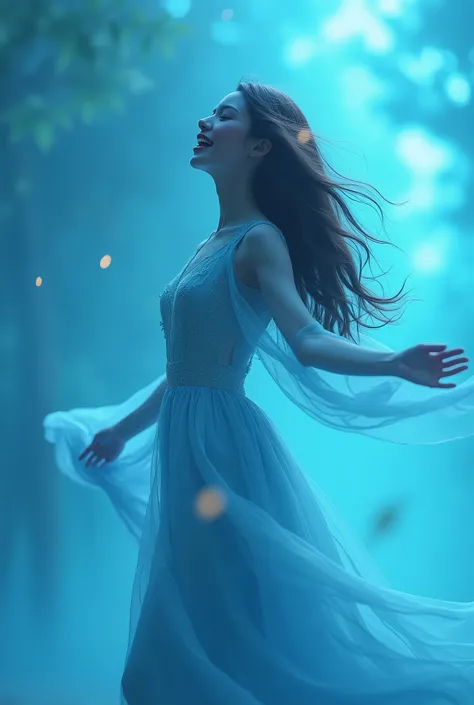 a beautiful young woman with flowing brown hair, elegant dress, gracefully singing and dancing in a surreal blue-tinted landscape, volumetric lighting, cinematic, dreamlike, emotional, (best quality,4k,8k,highres,masterpiece:1.2),ultra-detailed,(realistic,...