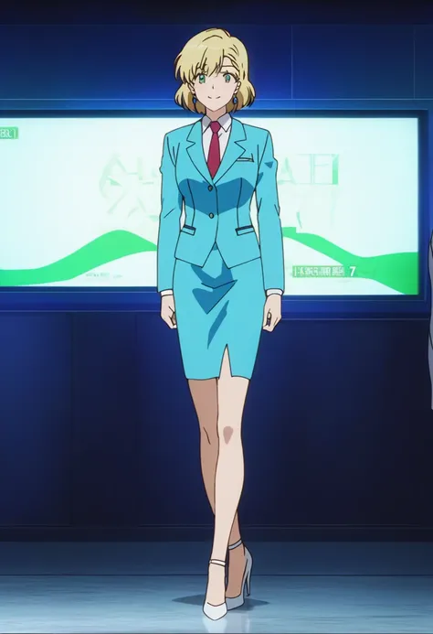  score_9,  score_8_up,  score_7_up,  score_6_up,  Anime Screen Capture , anime coloring, ,  blonde hair ,  short hair, lipstick,  green eyes,
 earrings for a woman alone,  red tie , suit,  blue jacket ,  CLOSE JACKET ,  pencil skirt, Blue Skirt,  high heel...