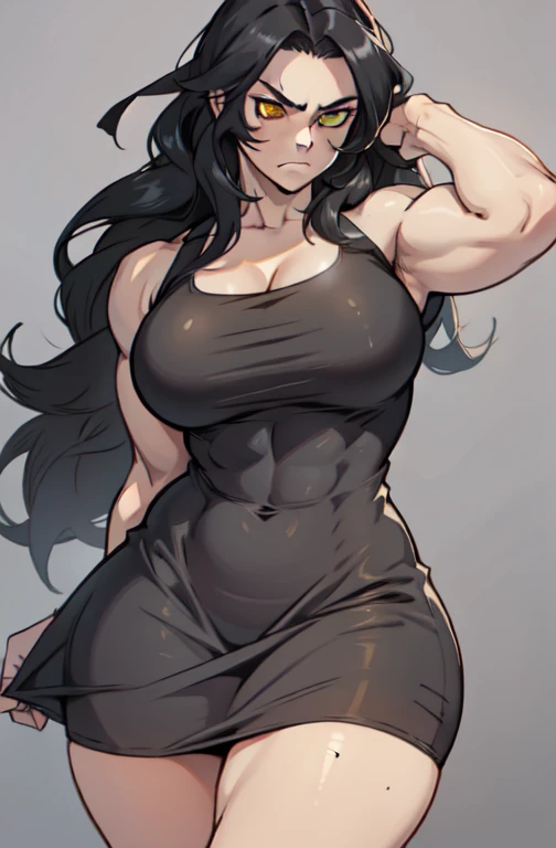 ((((muscular 1 girl)))) (thick thighs huge breasts grey background) very long hair black hair angry yellow eyes pale skin cowboy shot sundress solo