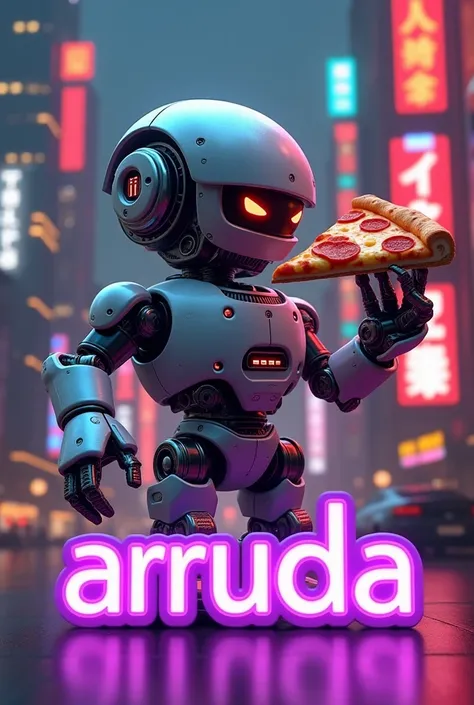 A 3D render of a cyberpunk-style pizza mascot logo. The pizza mascot is a robot holding a pizza with hands. The robot is holding a pizza with a slice taken out. The background is a technology city with neon lights. The text "Arruda" is written in bold, pur...