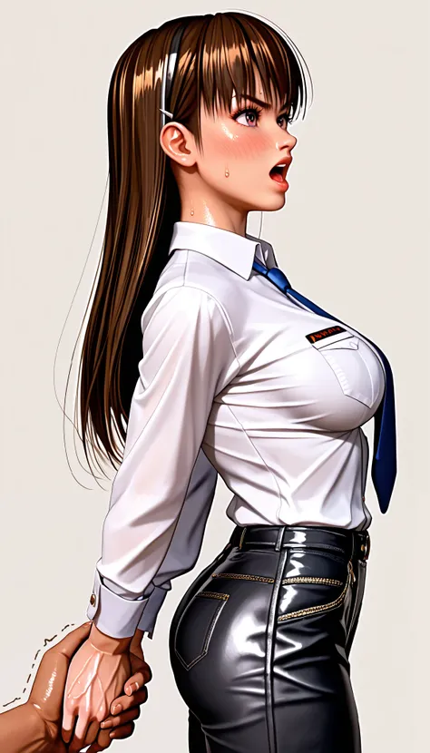 DOALeiFang, LeiFangDOA, gasp, 1girl, 1male, {{{{ Man holding girls butt }}}}, shiny black pants, shiny white business shirt, arm-behind-back, {{ and bend your body backwards }}, OL, be breathless, sweat, sparkling sweat, trembling, long brown straight hair...