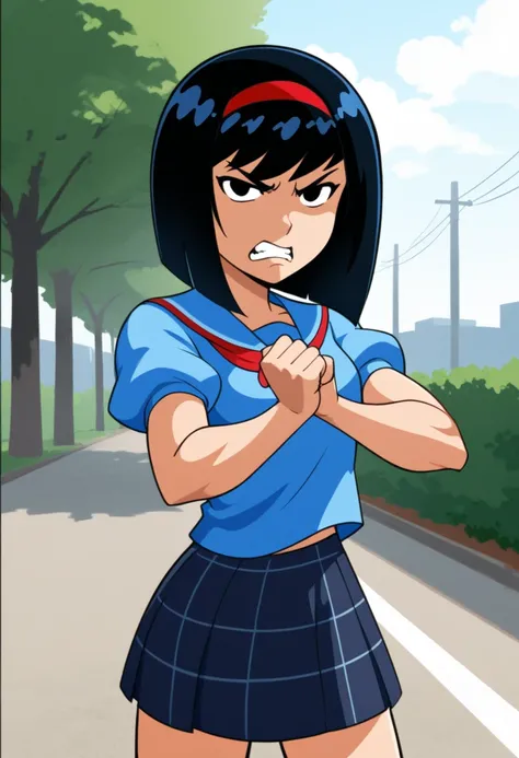 KPYoriGirl, score_9, 1girl, solo, blue shirt, skirt, outdoors, in school, clenched fist, frown, looking at viewer, chenched teeth, angry