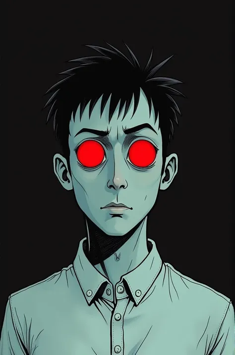 a cartoon image of a man with red eyes and a white shirt, lineart by Yokoyama Taikan, pixiv, shin hanga, red eyes and a slim face, fully red eyes no pupils, style of junji ito, his eyes are red and glowing, large red eyes!!!, with red glowing eyes, with gl...