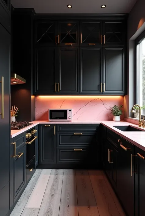 Gothic inspired black kitchen with pink marble countertops, grey wooden floors, gold faucet and sink, light pink microwave