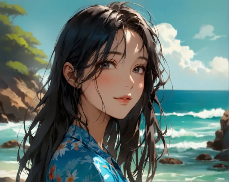 Full body picture of a 22-year-old Asian woman with long silky black hair is singing, captured in a shot, looking directly at the viewer with a soft gentle blush on her cheeks and a subtle smile and slanted black eyes that seem to attract a curiosity. By a...