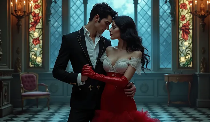 (((full-body))), Vampirella ((dancing tango with a handsome man: 2.0)) in sophisticated 1700s clothing, puffy white shirt, red latex bra with a deep neckline, tight-fitting torso. The couple is inside a dark ballroom, illuminated by moonlight through intri...