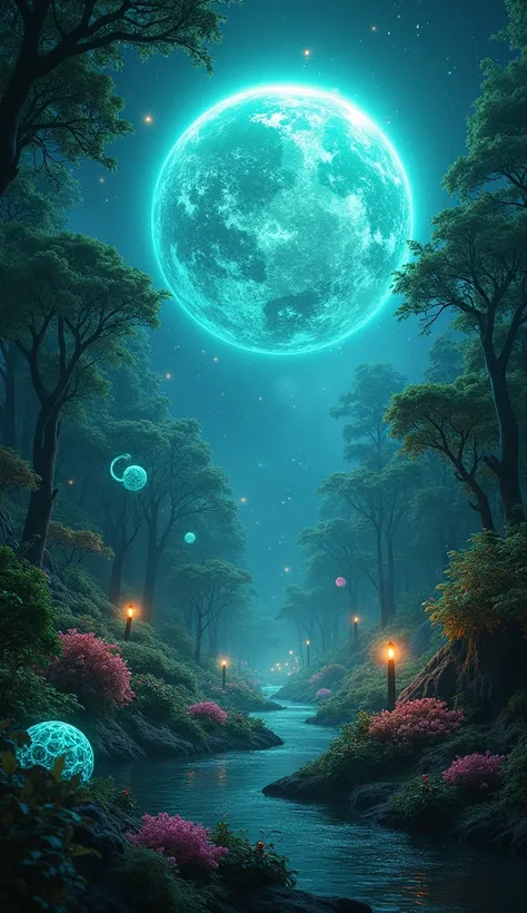 A magical planet with a translucent surface showing lush glowing forests inside, illuminated by bioluminescent creatures."