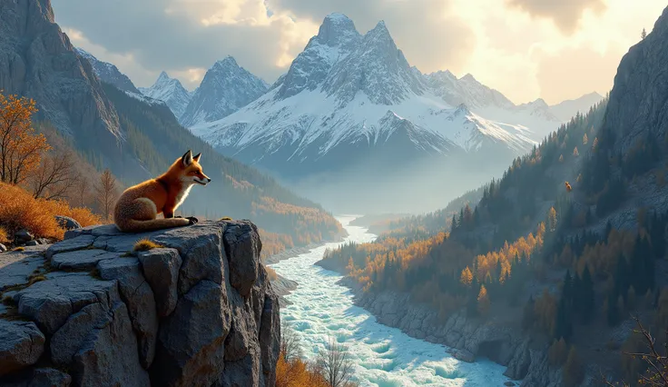 Huge valley of the Dolomites, In the foreground a red fox lying on a rock at the edge of the precipice looks at the torrential river, snow on the highest peaks, the sun pierces the clouds, Autumn cold, HDR, 4K, front view