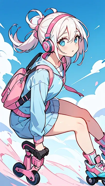 (( A woman with white hair tied back and light blue eyes)),((Im wearing a pink headset )),((Blue clothes like a college student )),(( Im riding pink inline skates )),bangs, hair between the eyes 