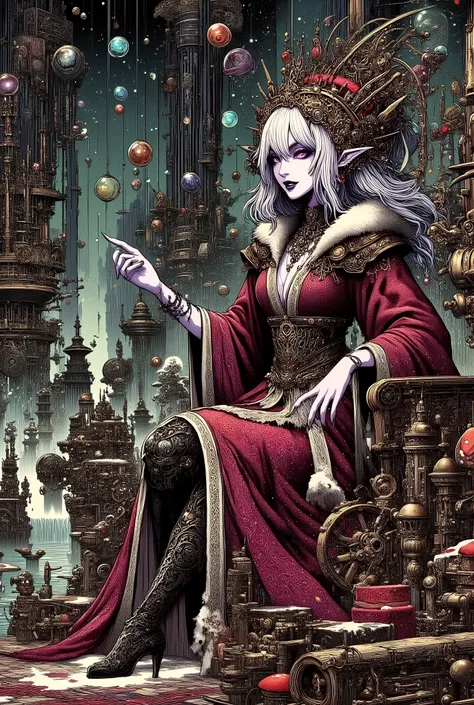 (Ultra-detailed face, Looking away, Fantasy Illustration with Gothic, Dark tone colors. Perspective looking up at the queens throne.), BREAK 
(Christmas Eve night. In the Queens Room of a huge gothic castle made of gears, pipes and glass. Next to a throne ...