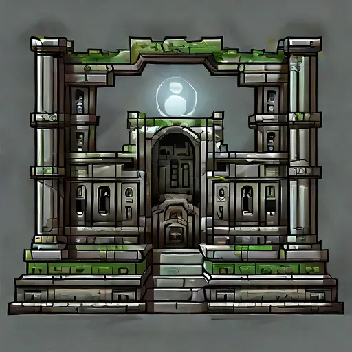 Design a pixel art icon in SNES-style graphics for the Ruins Exterior map, representing the remains of an ancient temple inhabited by undead and shrouded in smog. The icon should feature crumbling stone structures, such as broken pillars or weathered templ...