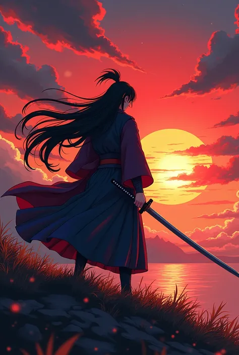 anime character with long hair holding a sword in front of a sunset, tsurumaki kazuya, shikanosuke yagaki, inspired by Sugimura Jihei, inspired by Okumura Masanobu, akiyuki shinbou, inspired by Kanō Sanraku, samurai champloo, inspired by Nishikawa Sukenobu