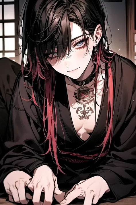 8k,masterpiece,best quality,ultra detailed、Alone、 handsome、 young man accompanied by、 beautiful perfect face、 detailed eyes、smile、makeup、Pale Lip、Redhair 、tattoo on neck 、 Gorgeous Kimono 、disheveled kimono 、Flashy Japanese-style room 、sitting on the floor...