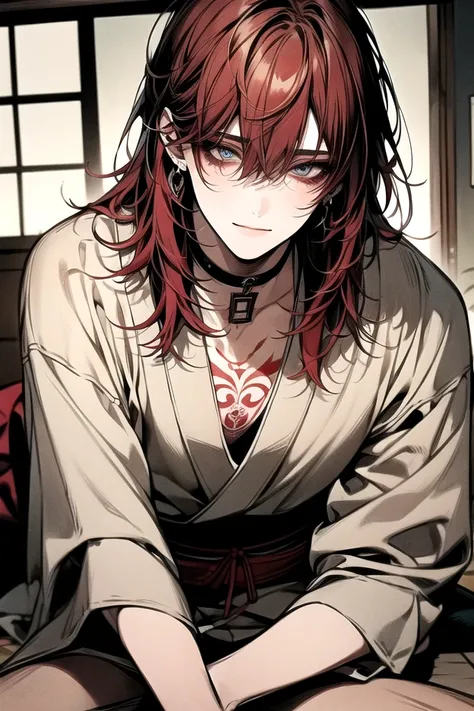 8k,masterpiece,best quality,ultra detailed、Alone、 handsome、 young man accompanied by、 beautiful perfect face、 detailed eyes、smile、makeup、Pale Lip、Redhair 、tattoo on neck 、 Gorgeous Kimono 、disheveled kimono 、Flashy Japanese-style room 、sitting on the floor...