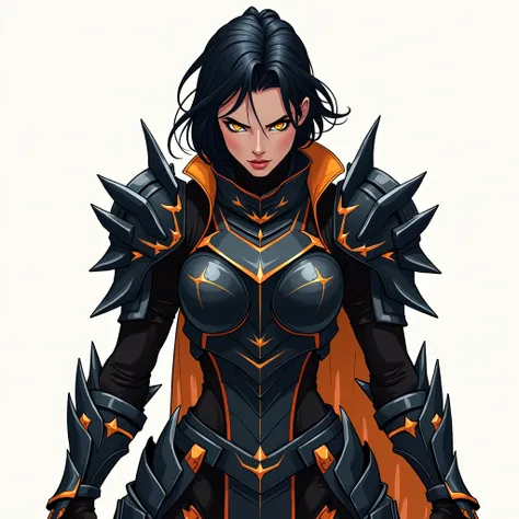 woman berserker, perfect orange eyes, perfect short black hair, black steel armor, orange details, line art