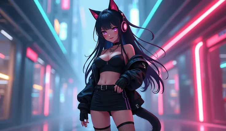  pretty cute girl ,Cute face, rainbow anime eyes ,fit, long hair black mattwinel ,} Put on a futuristic world dress, a black jacket ,Black skirt, mesh stockings, black boots , cat ear headphones ,stand,smile,Blinking one side  ,8k clarity , background is a...